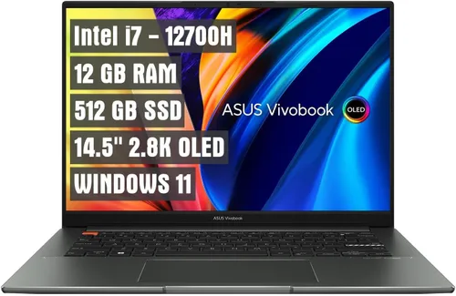 Asus Laptop OLED VivoBook Intel Evo de 14.5 pulgadas, Core i7-12700H de 12ª generación, pantalla de 2880 x 1800, 120HZ, DDR4 de RAM de 12 GB, 512