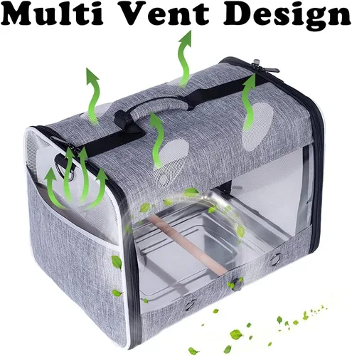 Miniatura 3 de Porta pájaros de viaje con soporte y percha, jaula transpirable para loros, portador de pájaros para senderismo, aprobado para aerolíneas Gris