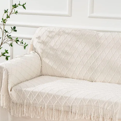 Miniatura 7 de BATTILO HOME Manta crema para sofá, cobija decorativa de estilo bohemio para dormitorio, manta blanca decorativa para sofá, sala de estar, 50 x 60