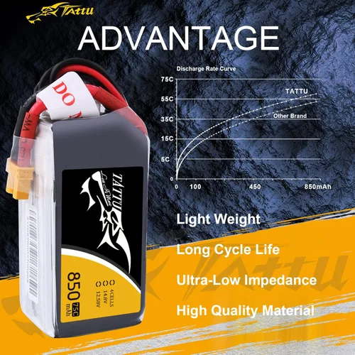 Miniatura 4 de Tattu Paquete de batería LiPo de 14.8V 4S 75C 850mAh con enchufe XT30 para multirotor FPV de tamaño 100 a 180 Owl Racing Quadcopter