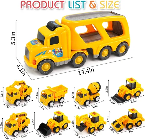 Miniatura 2 de Veslier Juguetes de camión de construcción 9 en 1 para edades de 3, 4, 5, 6 años, vehículos con sonidos y luces en camión transportador, juguetes