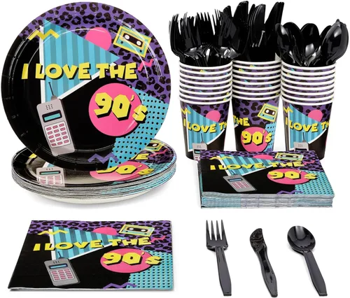 144 piezas de decoración de fiesta temática de los años 90, platos retro de cumpleaños de los años 90, servilletas, vasos, cubiertos (sirve 24)