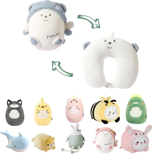 Miniatura 11 de Almohada de viaje para niños, almohada de cuello deformable 2 en 1 para niños, almohada suave en forma de U con adorable diseño de animales, cómodo