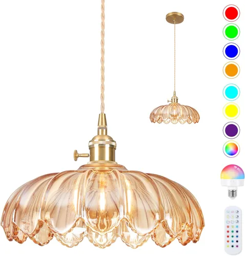 Miniatura 28 de Luces Colgantes para Isla de Cocina, Luz Colgante de Cristal Verde Accesorios de Iluminación Vintage, 9.4 pulgadas E26 Acabado Lámpara Colgante