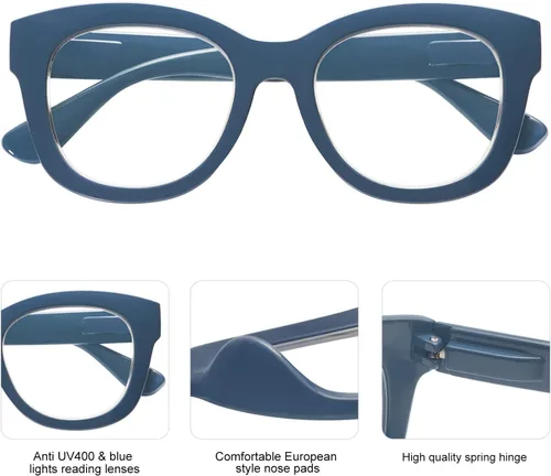 Miniatura 4 de AMOMOMA Anteojos de lectura retro de gran tamaño para mujer, bloqueo de luz azul, lectores de computadora, bisagra de resorte AM6003 C7 azul+c8