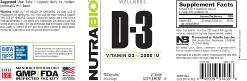 Miniatura 3 de NutraBio Vitamina D (2000 UI), apoyo inmunológico - 90 cápsulas vegetales