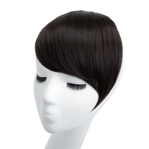 Miniatura 2 de SARLA Flequillo lateral negro marrón con clip en piezas de cabello sintético, extensión de flequillo recto para mujeres