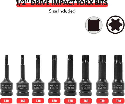 Miniatura 4 de BILITOOLS Juego de 8 piezas de llaves de impacto con puntas Torx de 1/2 pulgada, T30-T80, acero Cr-Mo