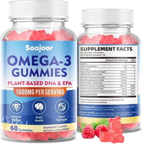 Gomitas veganas Omega-3 de 1000 mg para adultos, suplemento sin azúcar con 400 mg de DHA y 600 mg de EPA, vitaminas A, C, E y zinc, 60 unidades