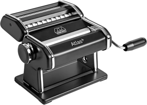 Marcato Hecho en Italia Atlas+Máquina de pasta, negro. Rodillos de acero cromado y aluminio, doble cortador para lasaña, fettuccine y espagueti;