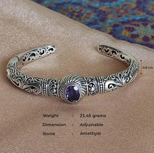 Miniatura 5 de Pulsera de plata de ley étnica de Bali con piedra de amatista B1, Plata de ley Plata, Amatista