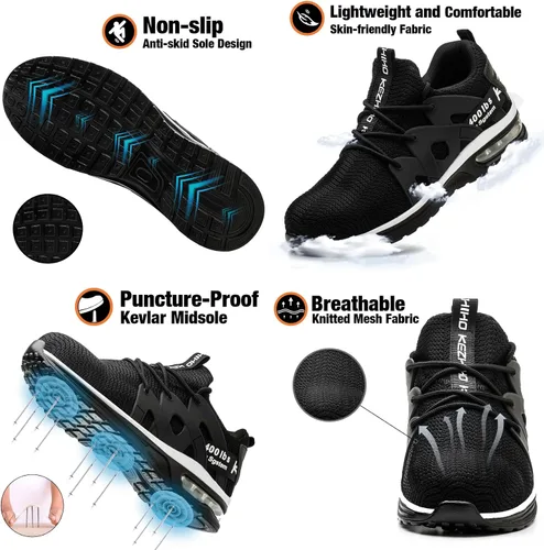 Miniatura 4 de Kezhiho Zapatos de punta de acero para hombre, con amortiguación de aire, ligeros, cómodos, transpirables, a prueba de pinchazos, antideslizantes