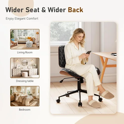 Miniatura 9 de Furnimart Silla de oficina de madera resistente giratoria de 360°, silla de escritorio pequeña de piel sintética con asiento acolchado grueso