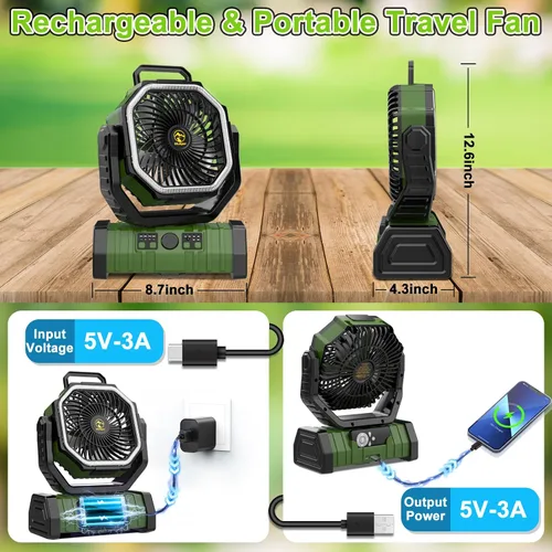 Miniatura 7 de Ventilador de campamento recargable de 20000 mAh, ventilador portátil oscilante automático para acampar con control remoto y linterna LED