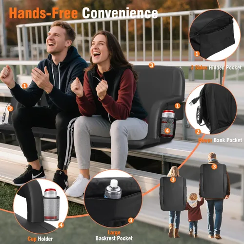 Miniatura 5 de Suteck Dual-Side Heated Stadium Seats with Back Support, Wide Portable Stadium Chair, Foldable Bleacher Chair W/USB 3-Level Heating, 5 Storage