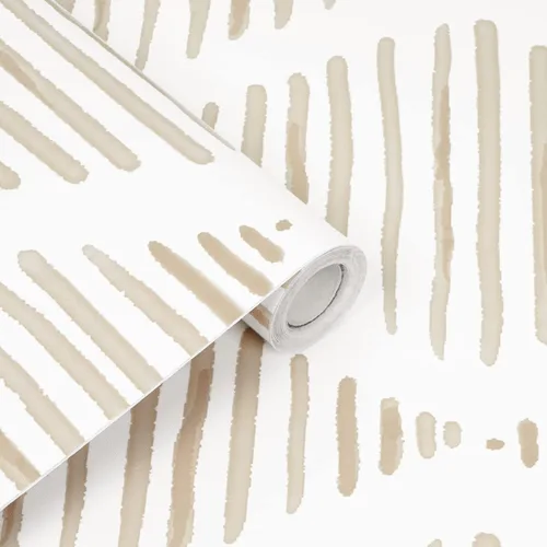 Miniatura 8 de WENMER Papel tapiz geométrico para despegar y pegar de 17.3 x 1181 pulgadas, papel tapiz a rayas beige y blanco, papel de contacto geométrico