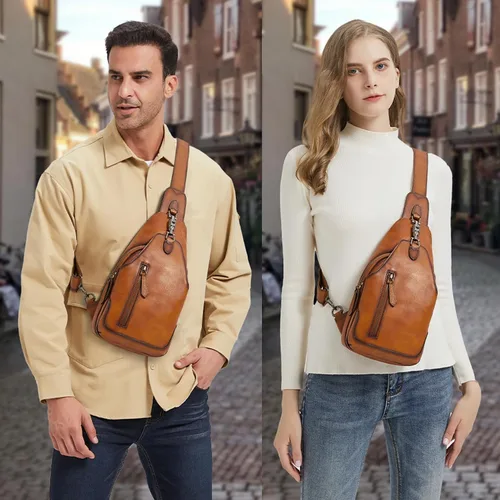 Miniatura 7 de LRTO Bolso bandolera de cuero genuino para hombres y mujeres, bolso cruzado de hombro de cuero real, bolsa de pecho, mochila