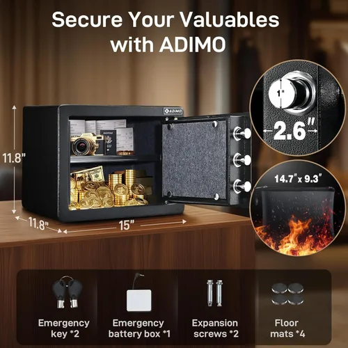 Miniatura 7 de Caja de seguridad biométrica ADIMO, caja de seguridad para el hogar de 1.2 pies cúbicos con teclado táctil de huellas dactilares, estante extraíble