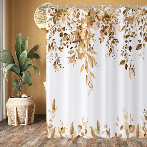 Miniatura 13 de Cortina de ducha de hojas de eucalipto en blanco y negro, hojas de acuarela negras y doradas, cortina de baño con plantas botánicas, tela