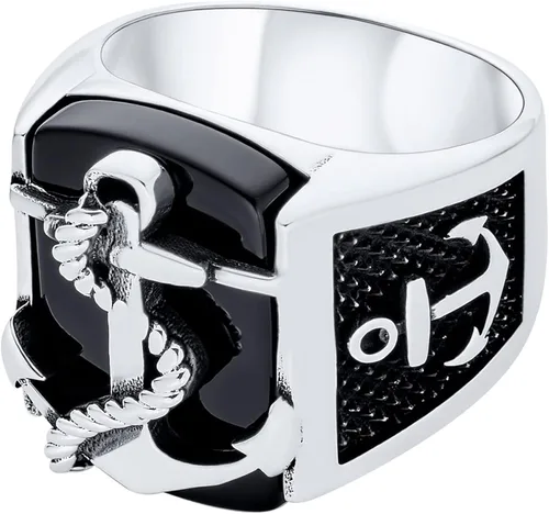 Miniatura 4 de Personalize Mens Nautical Black Onyx Gemstone Or Etched Brown Wood Inset Large Boat Anchor Signet Ring For Men Solid 925 Sterling Silver Made In