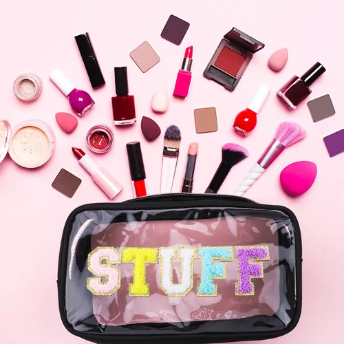 Miniatura 4 de Preppy Patch STUFF - Bolsa de maquillaje con letras de chenilla para mujeres, bolsa de PVC transparente con cremallera, bolsa de parches
