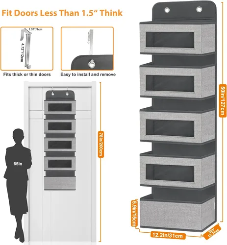 Miniatura 3 de Organizador colgante para colgar sobre la puerta con 5 bolsillos grandes, ventanas transparentes de montaje en pared y 2 ganchos de metal ampliados