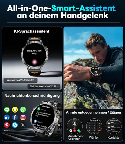 Miniatura 8 de LIGE Relojes inteligentes militares para hombre (3 bandas), reloj inteligente de pantalla grande HD de 1000 mAh/1.85 pulgadas, linterna/más de 110