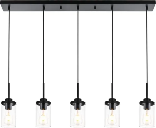 5 luces de isla para cocina, modernos candelabros lineales industriales negros con pantalla de vidrio transparente, acabado largo, accesorios de