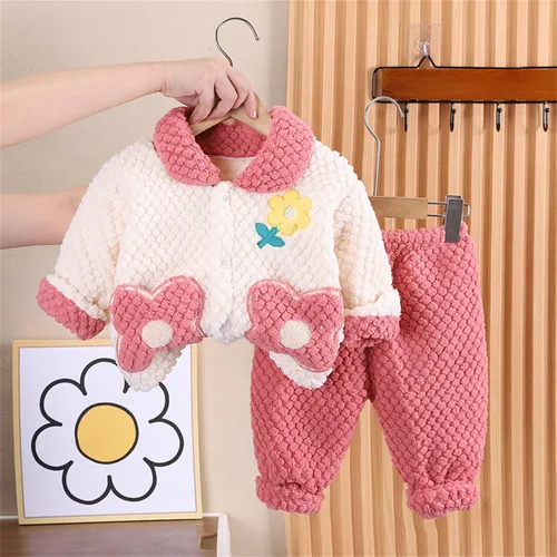 Miniatura 4 de TBUIALL Toddler Girl Winter Pajamas Coral Velvet Flower Print Casual Loose Winter Warm Clothes Set Fleece Warm