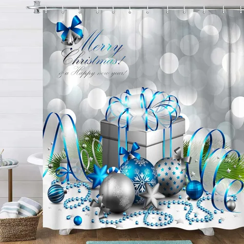 Miniatura 8 de DYNH Cortina de ducha navideña, feliz Navidad, bola y caja de Navidad plateada y azul para cortinas de baño de Año Nuevo, cortina de ducha de tela