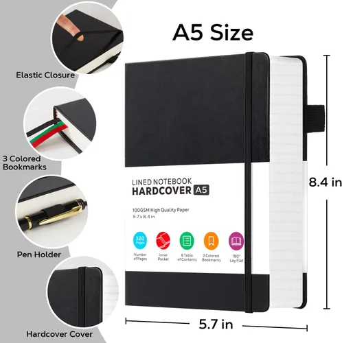 Miniatura 2 de Cuaderno Diario de Tapa Dura con Líneas para Escribir, Cuaderno Diario de Cuero de 320 Páginas con Rayas Universitarias con Papel de 100GSM, A5