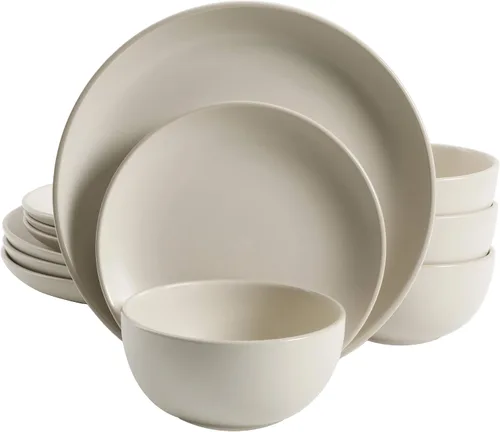 Gibson Home Rockaway - Juego de vajilla redonda de gres de 12 piezas, servicio para 4 – Platos y cuencos color crema, acabado mate moderno, apto
