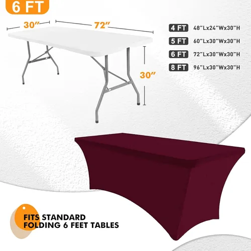 Miniatura 2 de SEPARO Paquete de 2 Cubiertas de Mesa de Spandex de 6 Pies Color Borgoña Mantel Rectangular Ajustado Tela Elástica Mantel de 6 pies Sin Arrugas