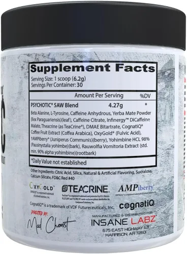 Miniatura 2 de Insane Labz Psychotic SAW®, Polvo de preentrenamiento de alta estimulación con OxyGold­™ y AMPiberry®, energía extremadamente duradera