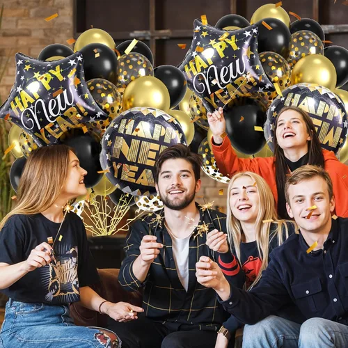Miniatura 4 de Globos de Año Nuevo dorados, juego de decoraciones de Feliz Año Nuevo 2026, 50 globos de aluminio para fiesta de víspera de 12 pulgadas
