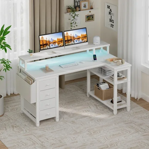 Miniatura 2 de Lufeiya Escritorio en forma de L con luces LED y tomas de corriente, escritorio de 47 pulgadas para computadora de estudio, escritorio