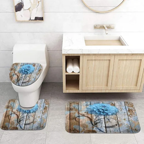 JAWO Alfombra de baño con flores de granja, dalia en tablones de madera rústica, juego de tapetes de baño con flores azules, en forma de U para