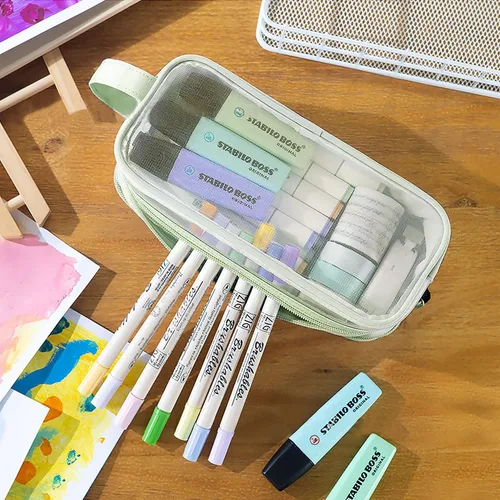 Miniatura 2 de Estuche grande de malla de malla con 2 compartimentos, bolsa transparente para lápices con cremallera, bolsa de papelería transparente multifunción