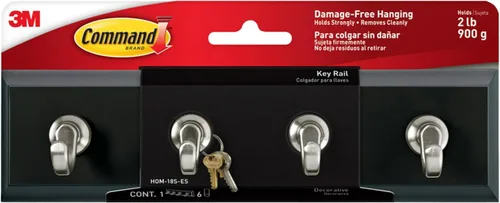 3M Command HOM18SES - Riel decorativo para llaves, 8 pulgadas de ancho x 1 1/2 pulgadas de profundidad x 2 1/8 horas, negro/plata, 4 ganchos/paquete