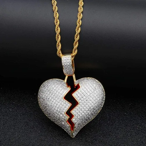 Miniatura 4 de putouzip Men Broken Heart Chains 18k Gold Plated Fully Iced Out Pendant Link Chain Necklace