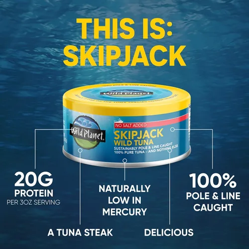 Miniatura 7 de Wild Planet Skipjack Atún salvaje, sin sal añadida, pescado enlatado, atún enlatado, capturado de forma sostenible, sin OMG, Kosher, sin gluten
