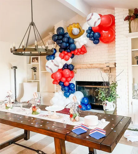 Miniatura 7 de Kit de guirnalda de arco de globos de béisbol, kit de guirnalda de arco de globos rojos, blancos y azules para fiestas deportivas, cumpleaños