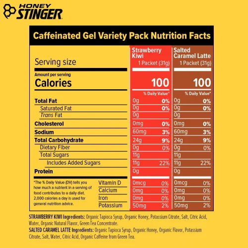 Miniatura 2 de Honey Stinger Paquete variado de gel energético orgánico con cafeína, 12 paquetes de cada uno de Latte de Caramelo Salado y Fresa Kiwi, con cafeína