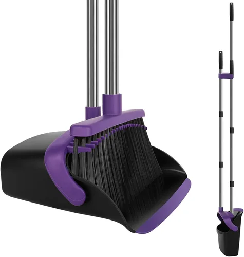 Miniatura 12 de Juego de escoba y recogedor mejorado, mango largo de 55 pulgadas, escoba grande negra con recogedor, recogedor autolimpiante para vestíbulo, cocina