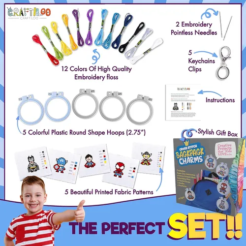 Miniatura 2 de 5 proyectos para principiantes de punto de cruz de superhéroe estampado para niños, kit de iniciación de punto de aguja, juego de costura para dijes