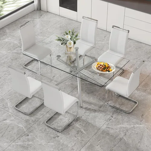 Miniatura 9 de Juego de 8 mesas de comedor de cristal, moderno juego de mesa de comedor de 71 pulgadas con 8 sillas de comedor tapizadas de piel sintética