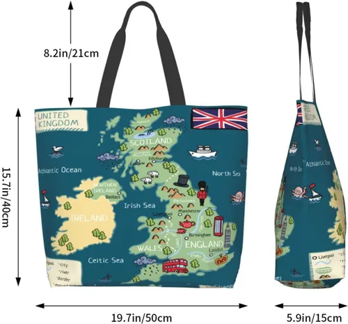 Miniatura 7 de Divertido bolso de mano de dibujos animados del Reino Unido con mapa, grande, casual, para mujer, bolsas de hombro reutilizables para el trabajo