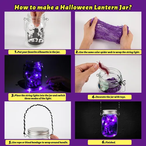 Miniatura 3 de Kit de manualidades de Halloween para niños, 4 tarros de vidrio con accesorios para tarro de farol de bricolaje, suministros de fiesta de arte