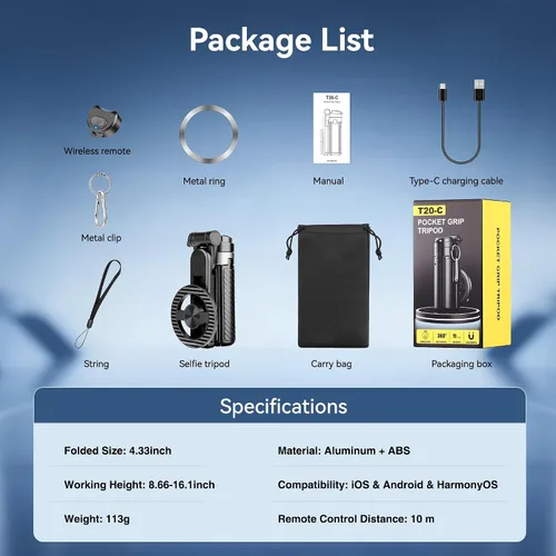 Miniatura 7 de Trípode magnético multifuncional 4 en 1, palo selfie portátil para iPhone y Android con control remoto desmontable y anillo de metal, trípode