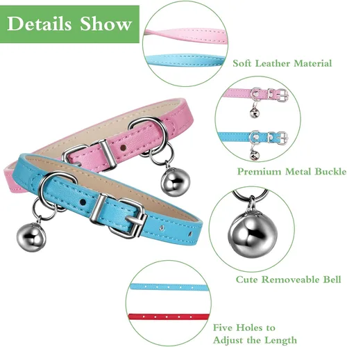 Miniatura 3 de Weewooday 6 piezas de collar de cuero para gato con campana, lindo collar de cuero para gatito para niños y niñas, gatos para cachorros pequeños